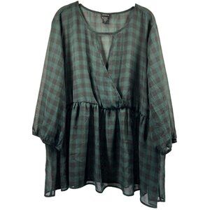 Torrid Women's Blouse Top 3X Green Black Check Sheer 3/4 Puff Sleeves Popover